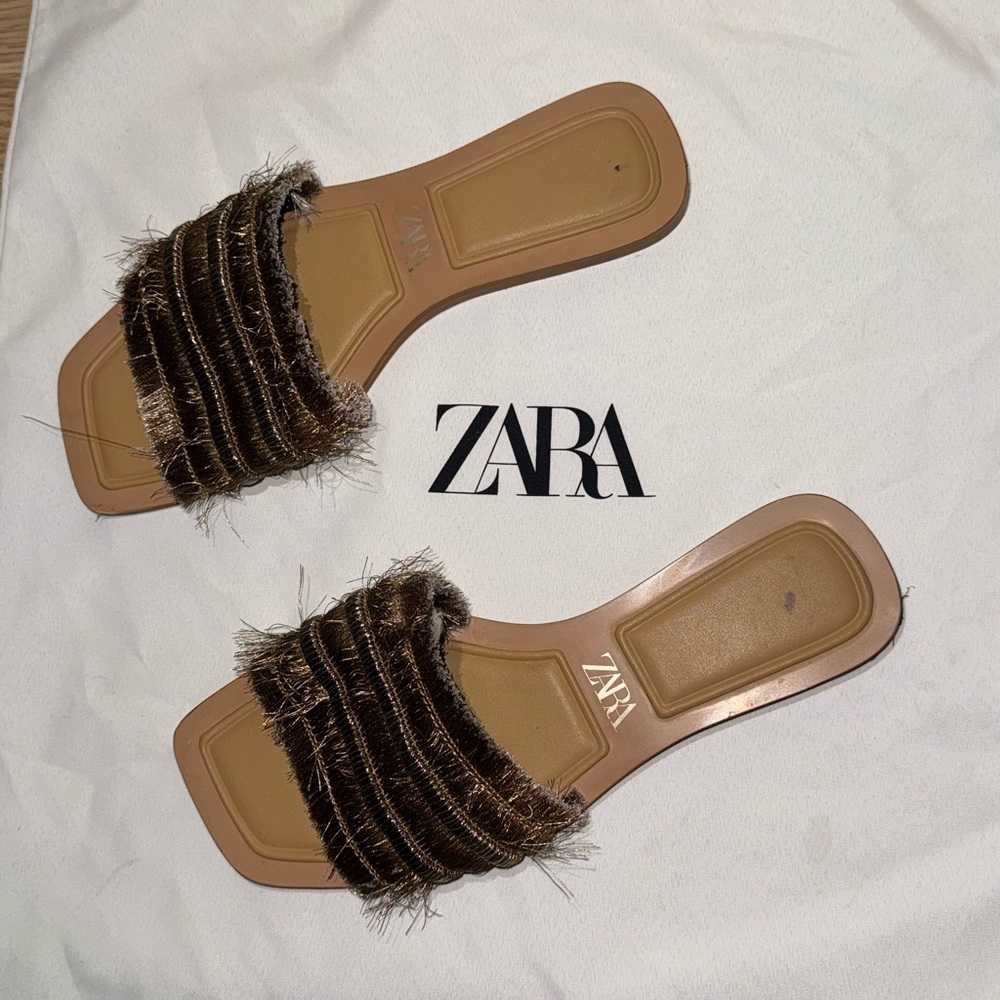 Zara Tan and Brown Furry Sandals